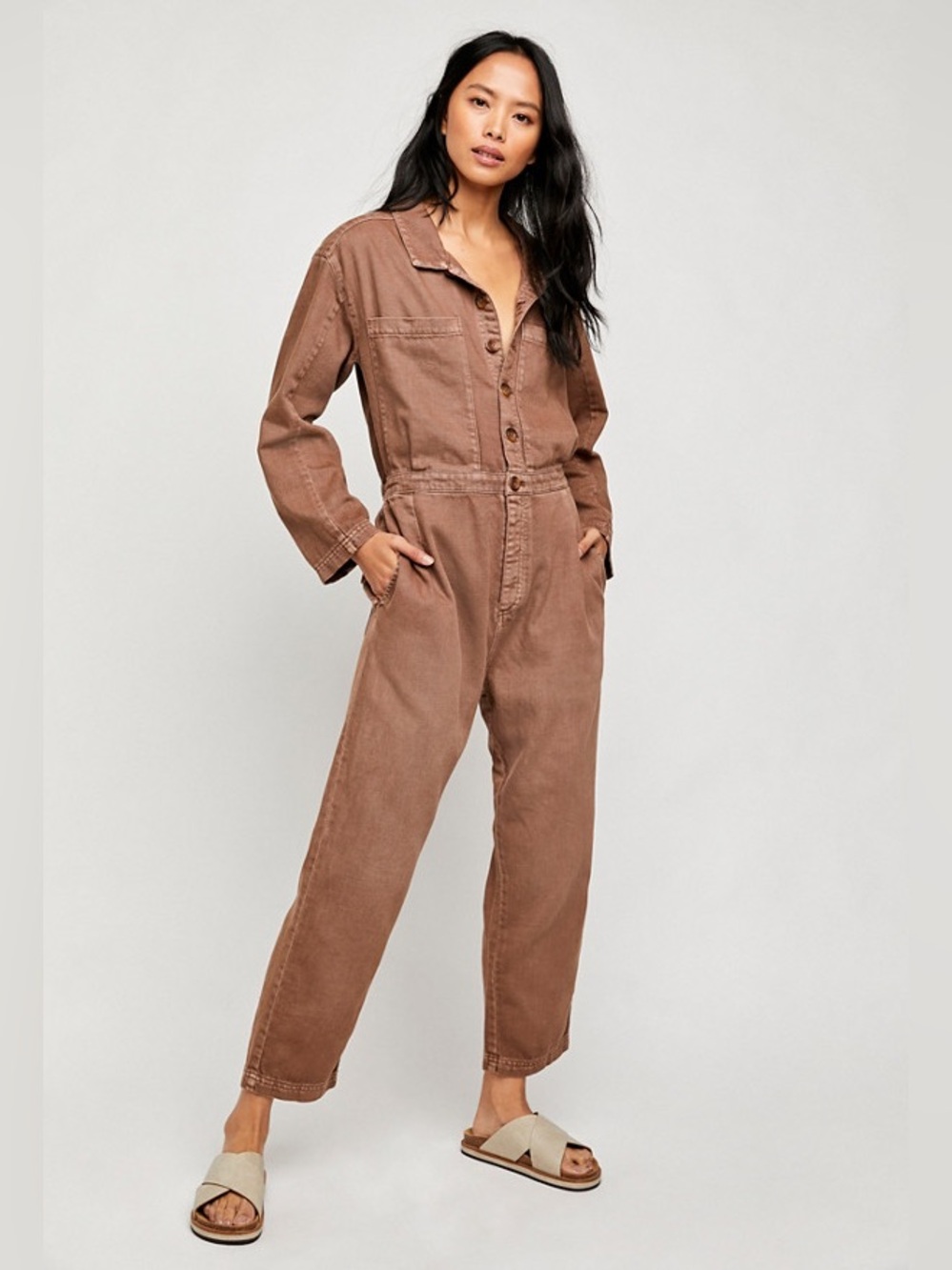 NWT Free People We The Free Marci Coverall Denim Jumpsuit – Brown